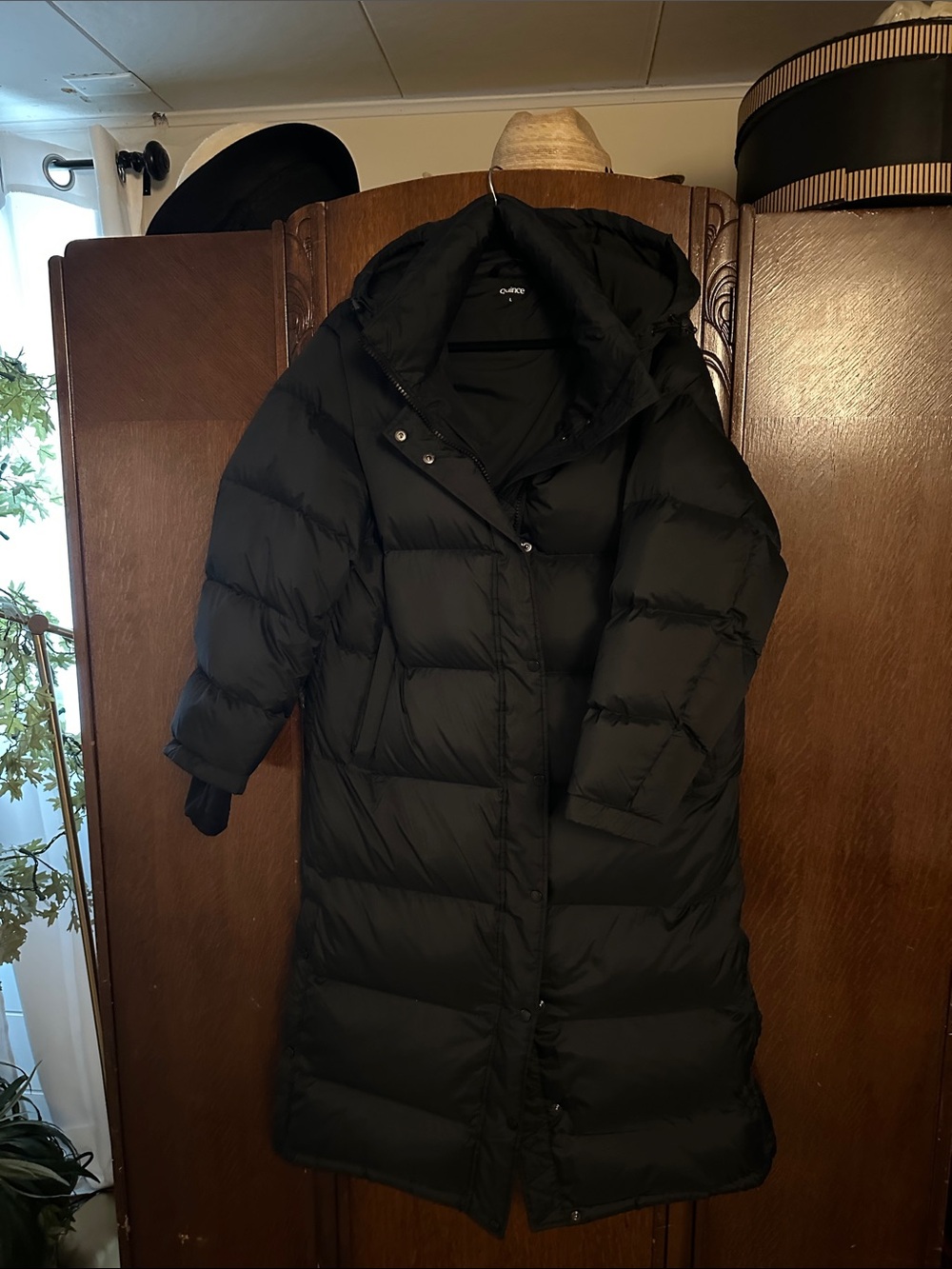 Quince Black Long Hooded Puffer Coat